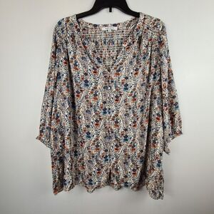 Rose & Olive Women 1X Floral Blouse‎ Tunic Top Smocked Back 3/4 Sleeve Button
